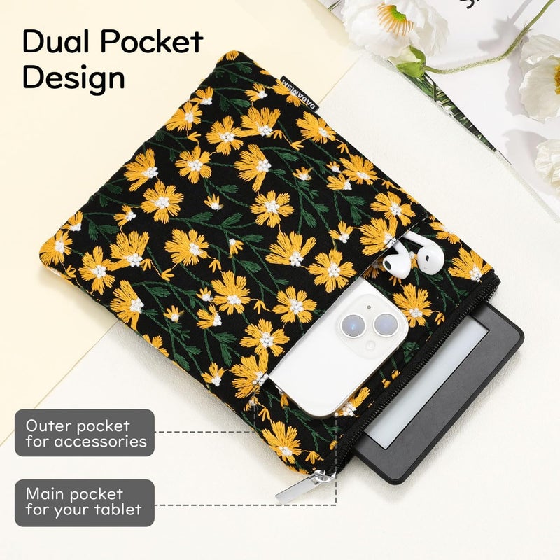 Dadanism Embroidered Daisy Padded Sleeve for All-New Kindle Paperwhite, 7" Kindle Colorsoft Signature Edition, Protective Sleeve Case for 6" K-indle/K-indle Oasis/Kobo E-Reader, Black & Yellow Daisy - Image 4